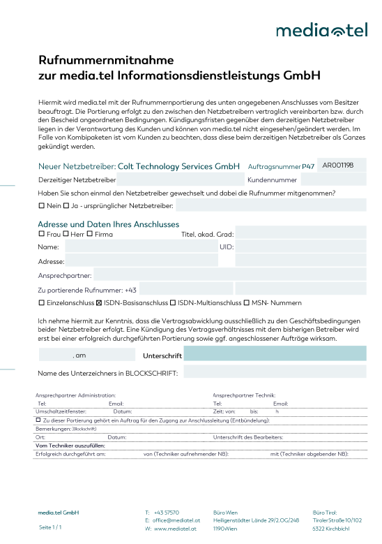 Portierung österr. Festnetznummer