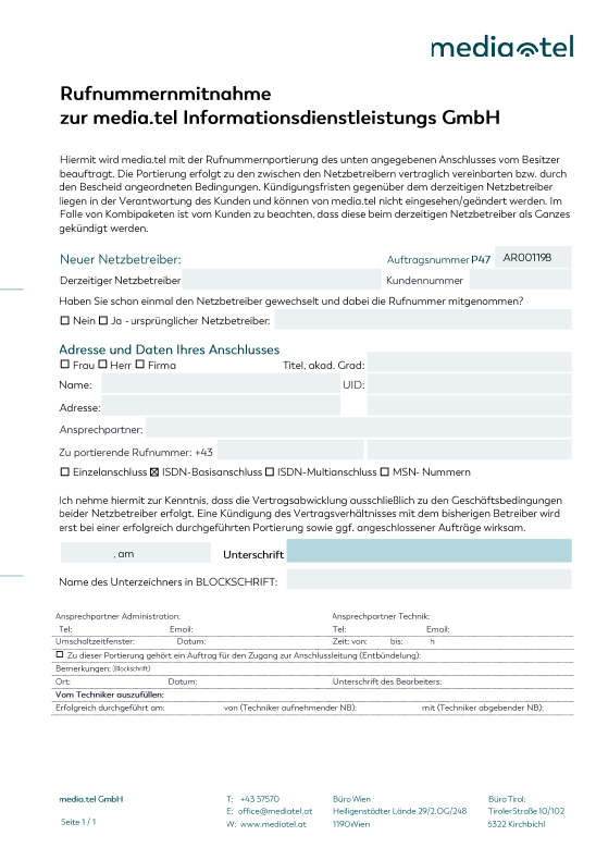 Portierung österr. Festnetznummer